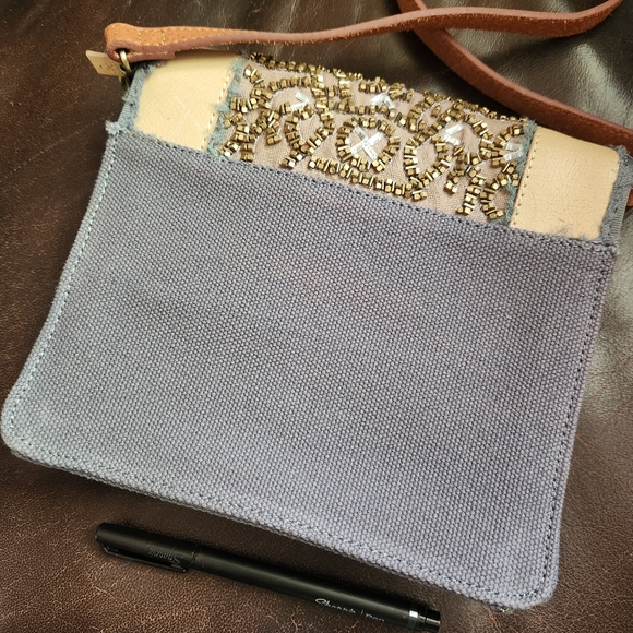 Miss Albright Anthropologie bag denim blue brown leather beading shoulder strap - Picture 6 of 9